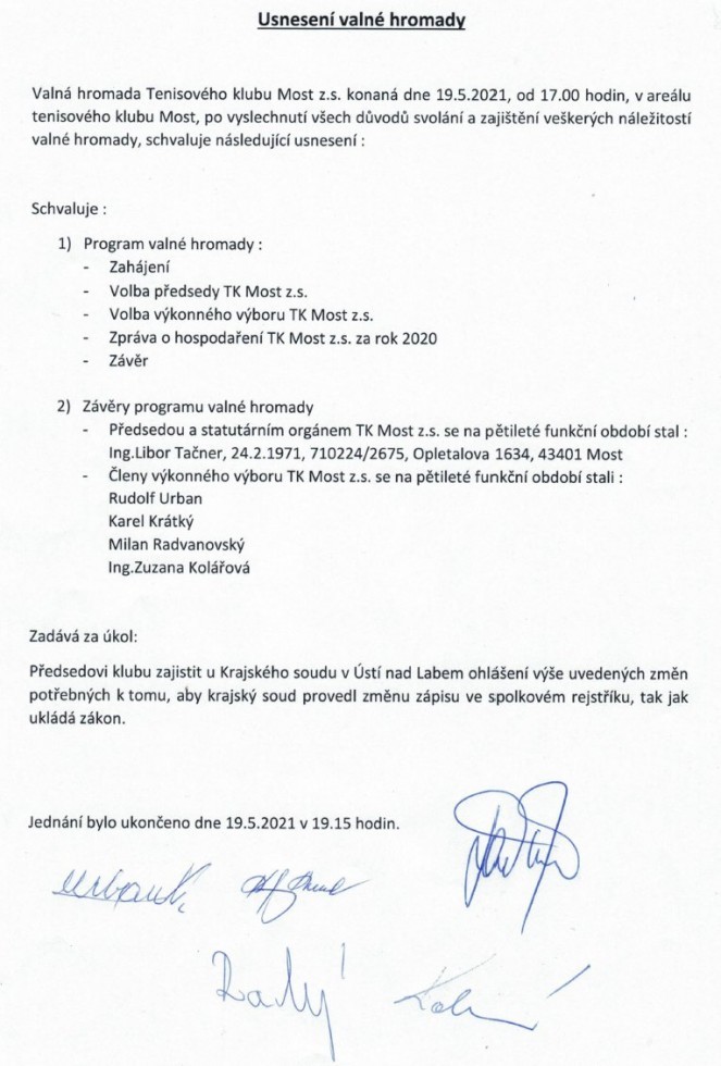 Usnesení Valná hromady TK Most 2021